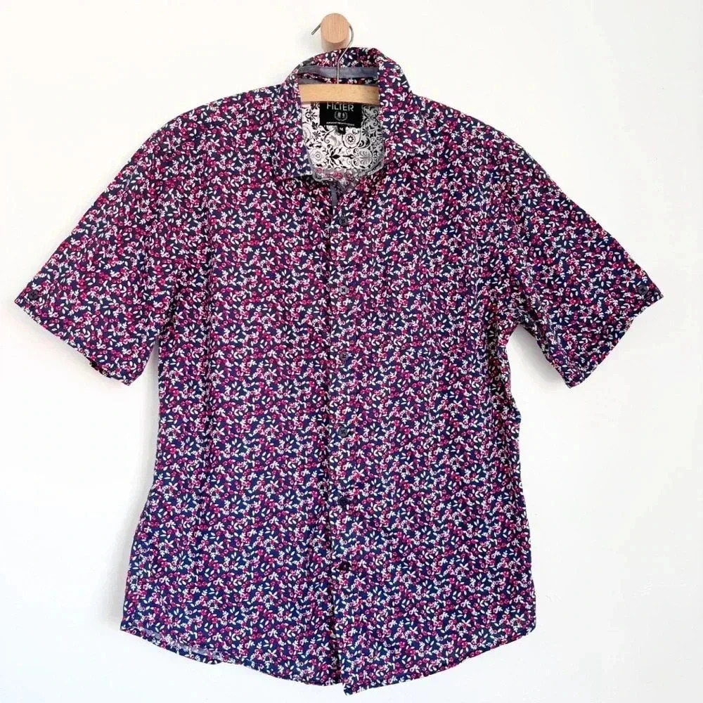 Filter Navy & Red Floral  Men’s Button Down Short Sleeve Slim Med 4th Of July